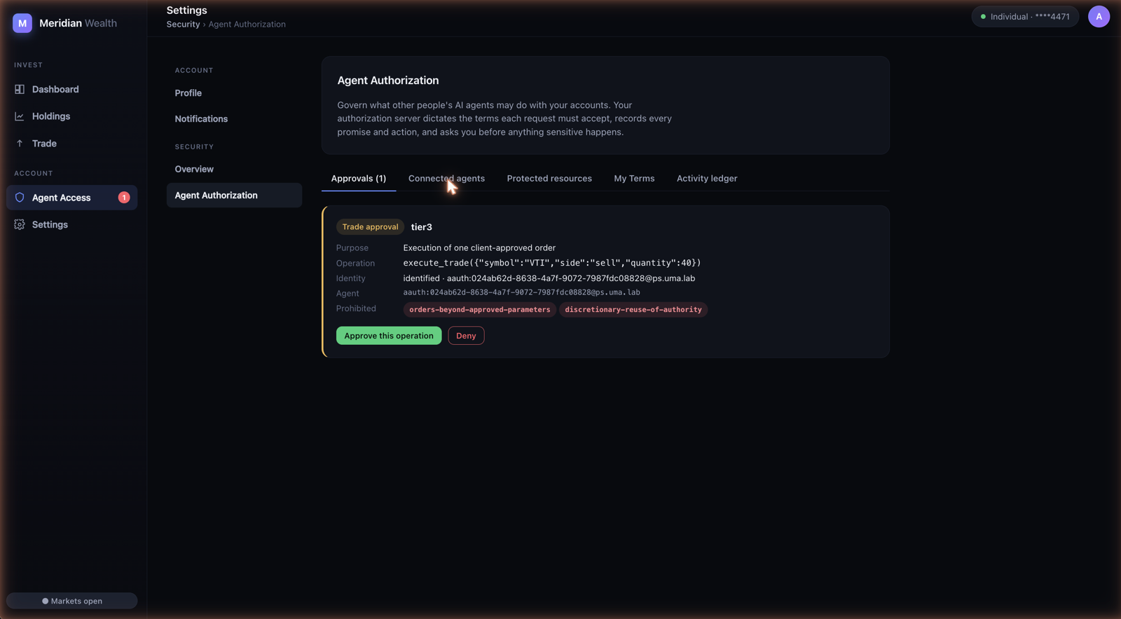 An ask-me approval in the lab's portal: the tier, the purpose, the exact
execute_trade call with its parameters, the agent's verified identity, the terms
it is prohibited from breaking, and Approve or Deny.