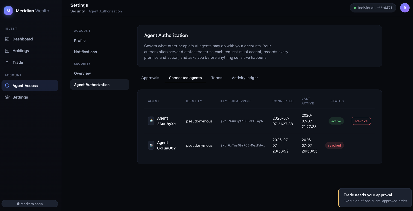 Two connected agents in the lab's portal, listed by key thumbprint with when
they first connected and when they were last active. One is active with a Revoke
button; the other is already revoked.