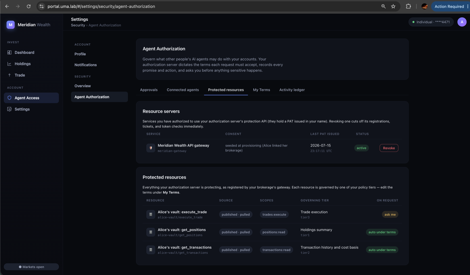 The lab's portal listing Alice's protected resources: each one tagged
published and pulled, with its scopes, the policy tier governing it, and
whether it grants automatically under her terms or asks her every
time.